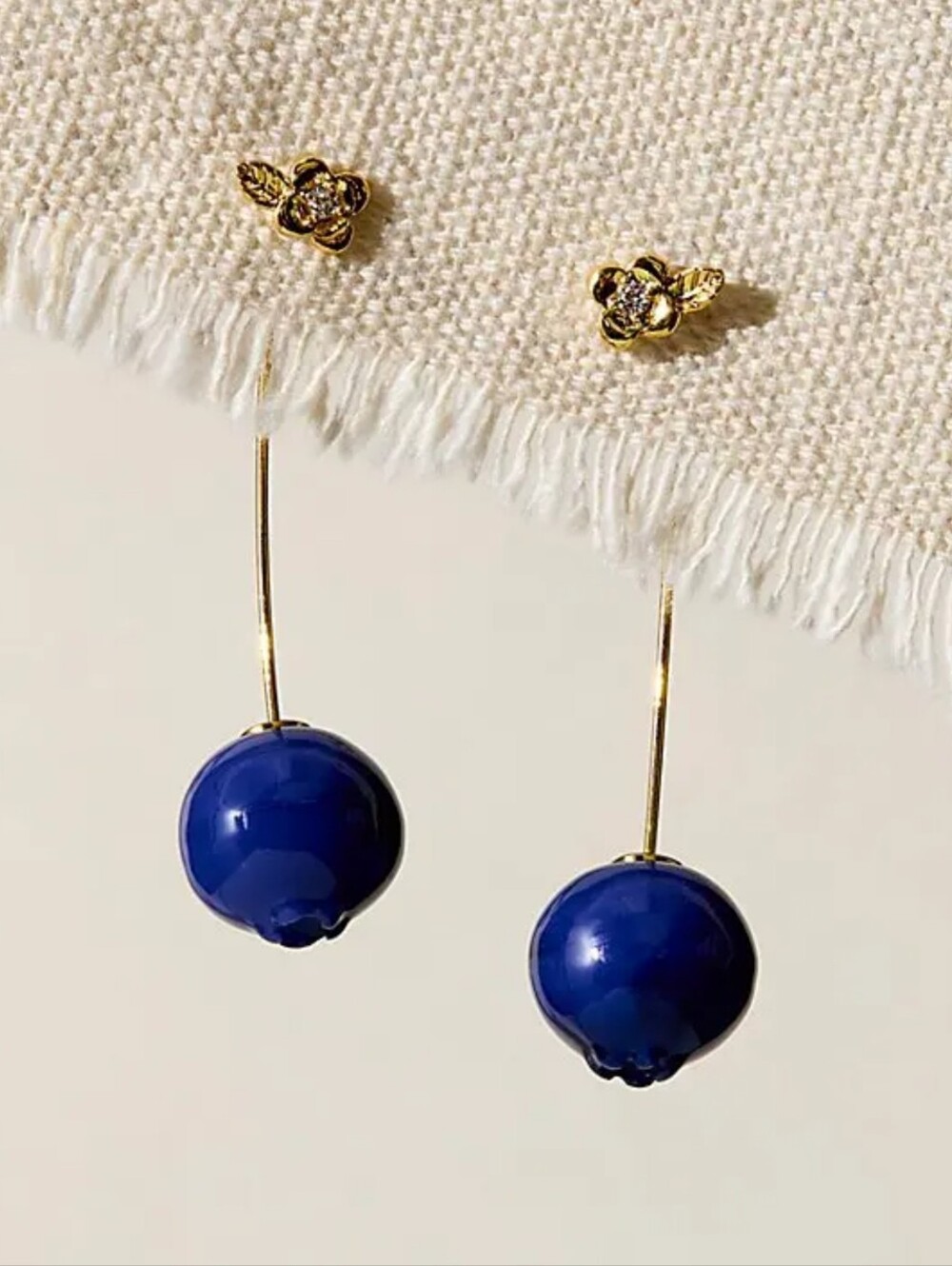 Blueberry Fruit Drop Dangle Earrings With A Gold CZ Flower Stud, Novelty, NWOT